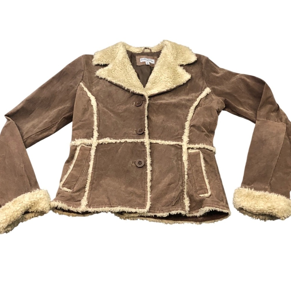 y2k Body Central Suede Jacket‎ Womens S Brown Penny Lane Faux Fur Trim 6823-09CS